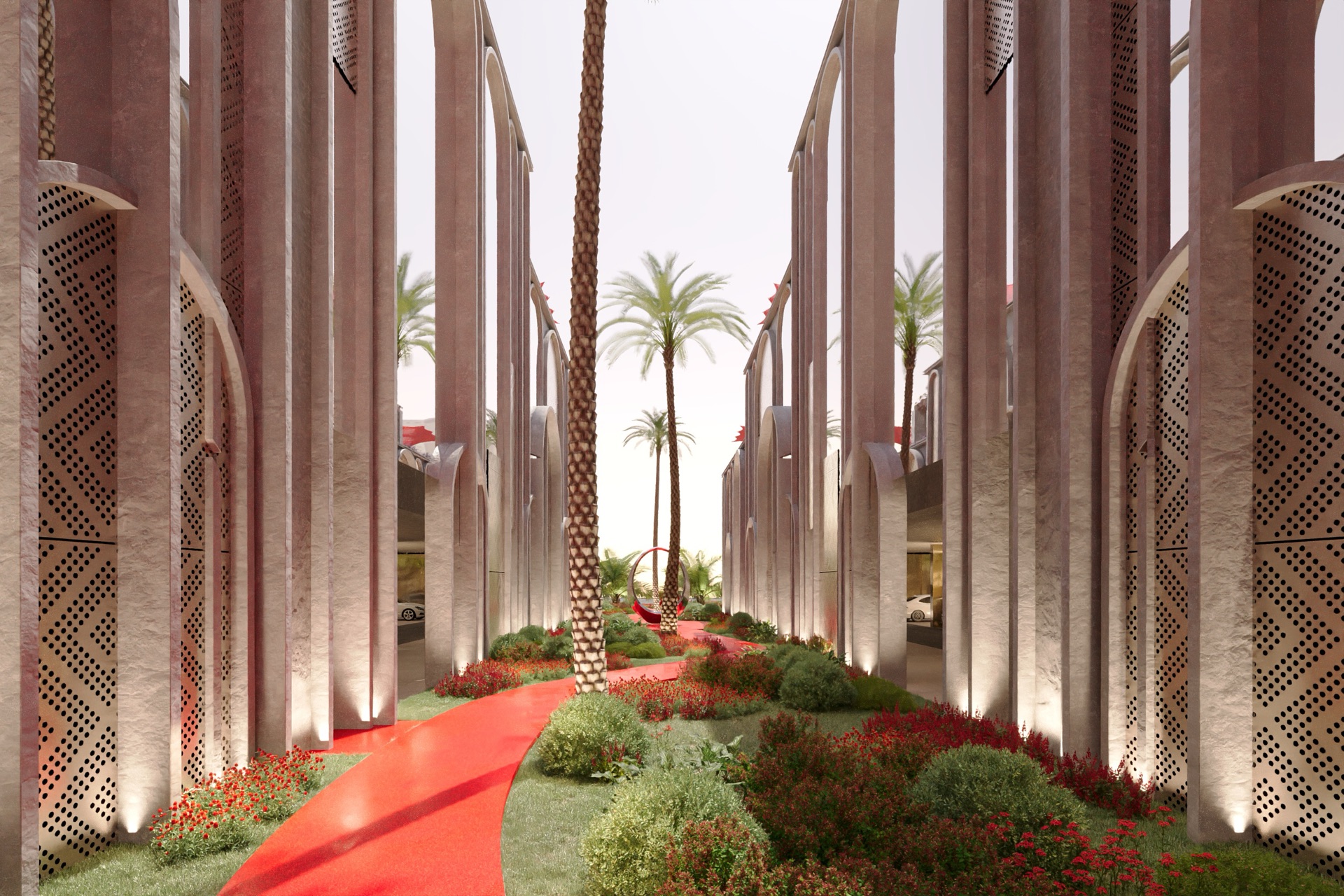 Red Pathway Between Columns